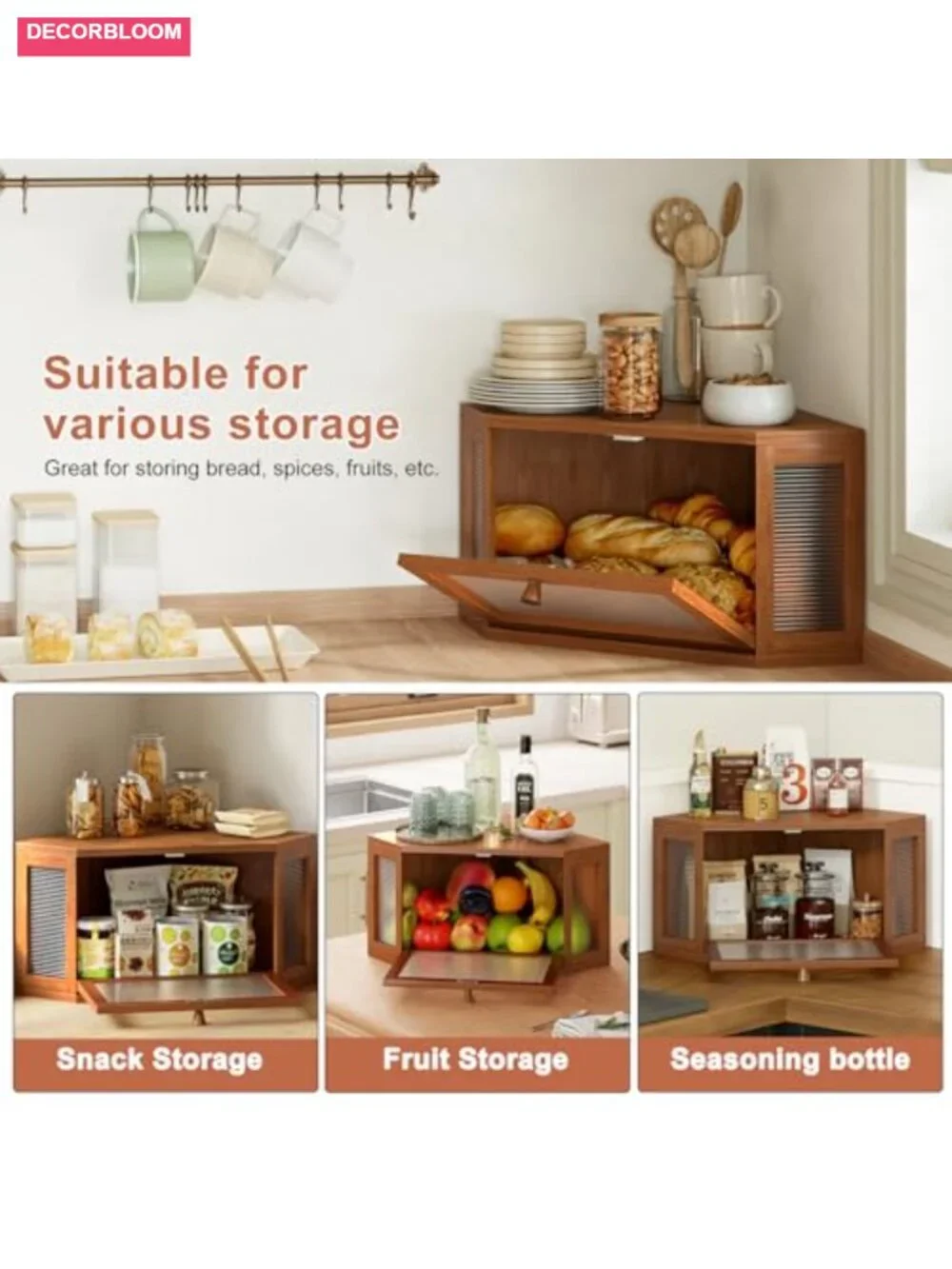 Corner Bread Box Bamboo Storage Acrylic Wavy Door